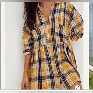 Free People Women Voyage Shirtdress Eternal Gold Plaid Long Sleeve Mini Dress